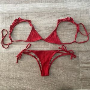 Made By Dawn XS red ruffle root rib bikini
